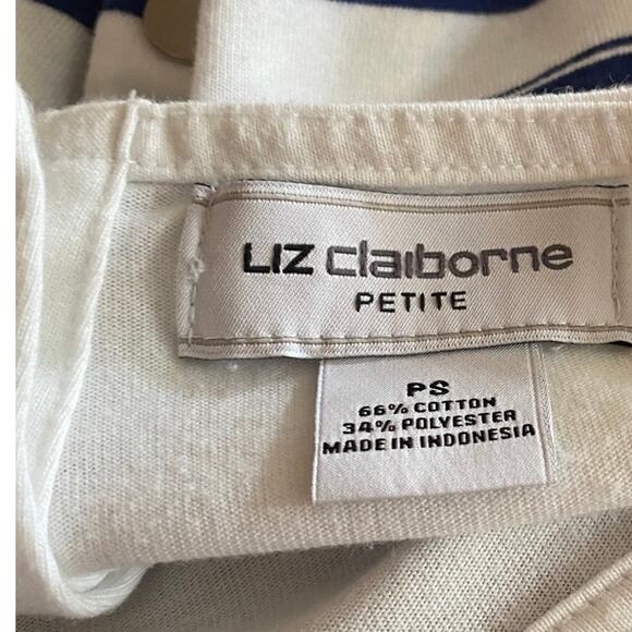 Liz Claiborne Petites PS Navy White Stripe 3/4 Sleeve Top Cotton Blend - Picture 6 of 6